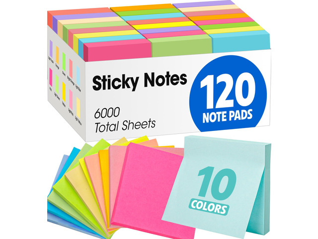 120 Pads Sticky Notes 3x3, Bright Colors Self-Stick Pads Bulk, Super Sticky Notes, School Supplies, Office Products, 50 Sheet/Pad