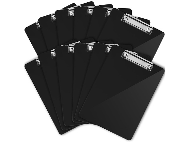 Black Plastic Clipboards (Set of 12) Multipack - 12.5x9 Inch Clipboard Holds 100 Sheets, Low Profile Colored Acrylic Clip Boards in Bulk for Kids...
