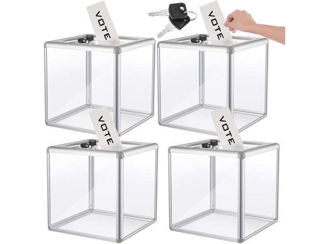 4 Pcs Acrylic Ballot Donation Box with Lock, 10x10x10 in Clear Raffle Container in Fundraising Events, Secure Slot with Key Lock, Suggestion Tip...