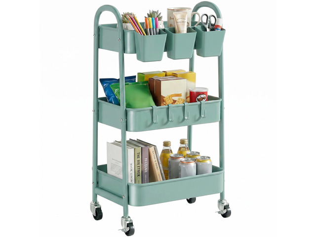 3-Tier Rolling Cart, Utility Cart Mobile Metal Rolling Storage Cart with Lockable Wheels & Hanging Cups & Hooks for Kitchen, Bathroom, Office,...
