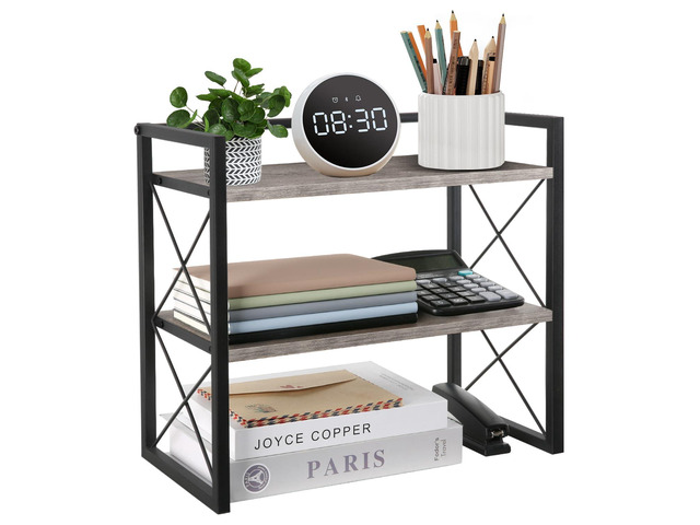 Desktop Shelf Organizer, 2 Tier Office Shelves, Wood Desk Organizer Storage Rack and Freestanding Display Shelf for Office, Dormitory, Home (Grey)