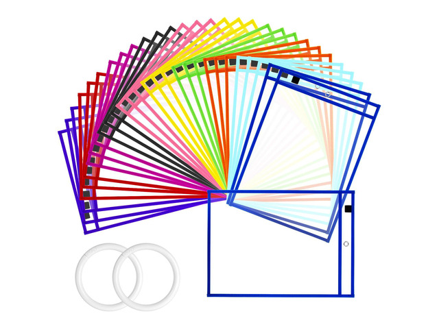 50 Packs Dry Erase Pocket Sleeves, Reusable Clear Plastic Classroom Sleeves, 10x14 Inch Ticket Holders, for School/Office Organization, Assorted