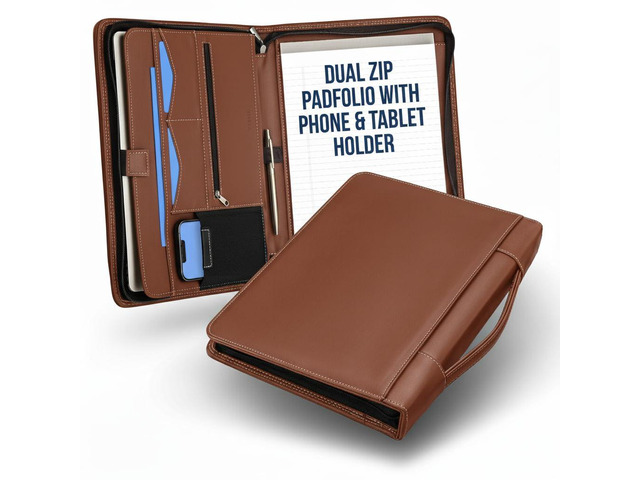 Tan Zipper Padfolio Portfolio Binder w/Carrying Handle Organizer for Documents, iPad, Tablet, Notebook Business Leather Binder for Men Women...
