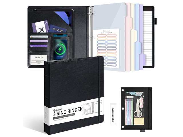 Leather 3 Ring Binder for Letter Size Documents with Pocketed Dividers, 1 Inch Round Rings, Holds 175 Sheets, Binders with Storage Bag & Notepad,...
