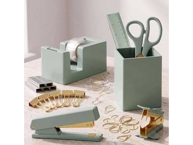 Aesthetic Desk Accessories Set for Women - A Complete Office Organizer Set Office Supplies Kit with Gold Finish Includes Pen Holder, Scissors,...