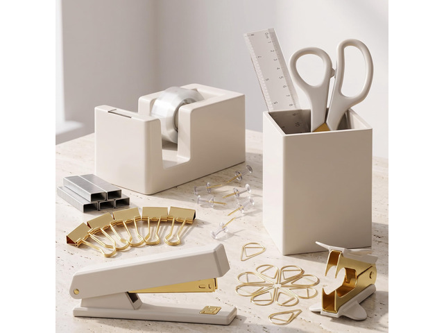Aesthetic Desk Accessories Set for Women - A Complete Office Organizer Set Office Supplies Kit with Gold Finish Includes Pen Holder, Scissors,...