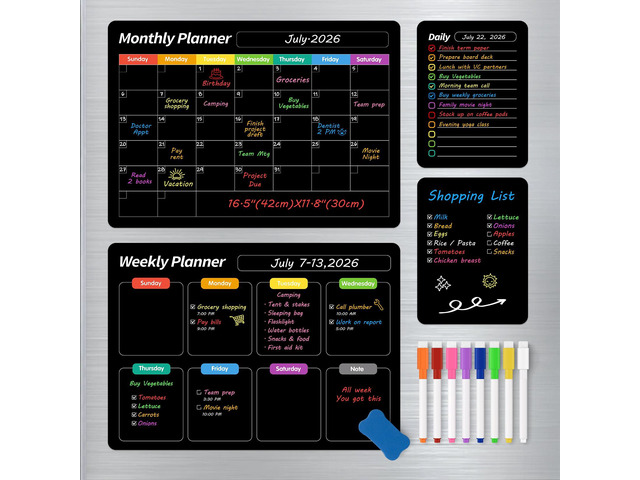 4 Pack Fridge Calendar, Magnetic Calendar for Dry Erase, Black Magnetic Dry Erase Board, Monthly Calendar for Fridge with 8 Markers & Eraser for...