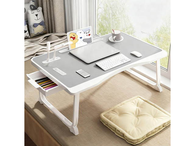 Laptop Bed Table, Laptop Desk for Bed, Foldable Laptop Bed Desk with USB Charge Port, Handle, Desktop Card Slot, Cup Slot, Side Drawer, Portable...