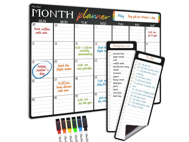 Magnetic Dry Erase Monthly Calendar - 17'x12' Monthly Calendar for Fridge - 4'x12' List Board 2 Pcs - 6 Extra Fine Point Markers Included - Shipped...
