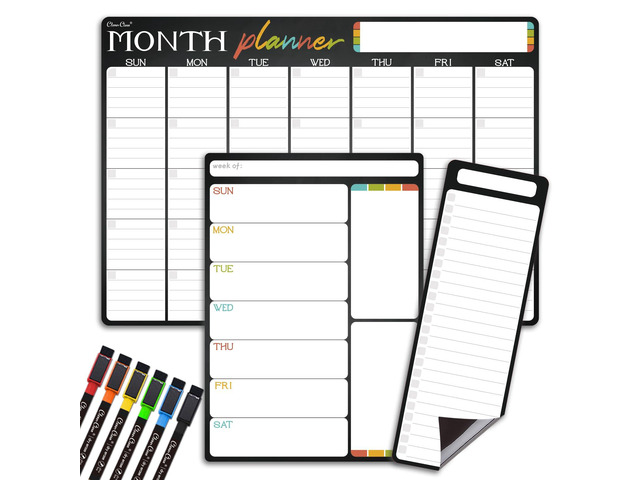Magnetic Dry Erase Monthly Calendar Set - 17'x12' Monthly and 8.5'x12' Weekly Calendar, 4'x12' List Board for Fridge - 6 Extra Fine Point Dry Erase...