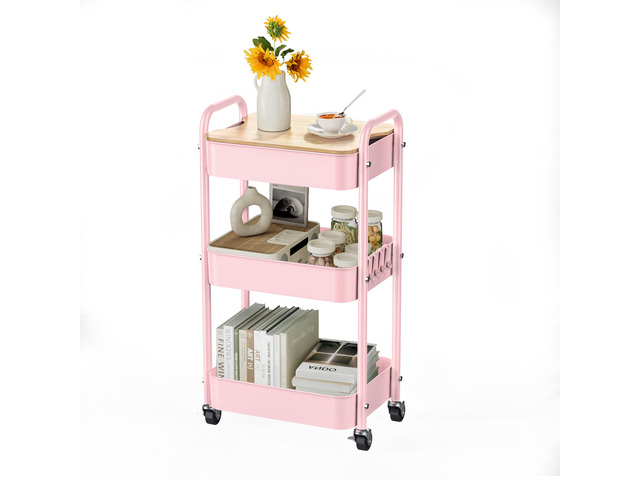 3-Tier Rolling Cart with Table Top, Metal Utility Cart on Wheels Sturdy Storage Organizer Cart with Lockable Wheels & Hooks for Craft, Office,...