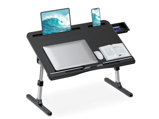 Bed Laptop Table Adjustable Foldable Laptop Stand 23.60Ã—15.7in Black Stable Aluminum Frame, Storage Drawer & Tablet Slot, Portable Laptop Stand for...
