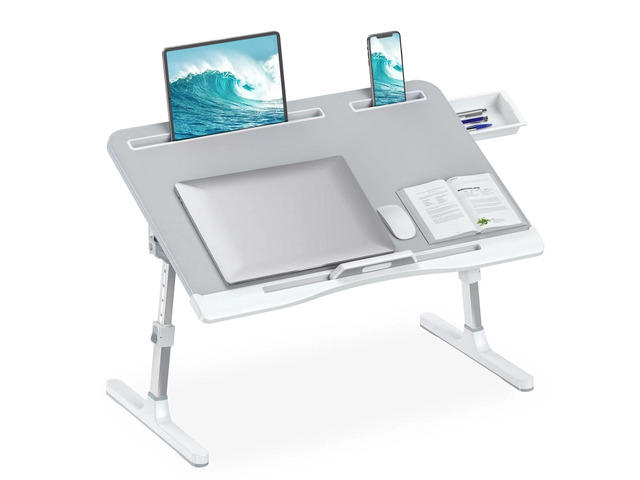 Bed Laptop Table Adjustable Foldable Laptop Stand 23.60×15.7in Grey Stable Aluminum Frame, Storage Drawer & Tablet Slot, Portable Laptop Stand for...