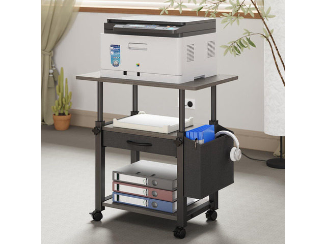 22'x15' Large Printer Stand with Drawer, 3-Tier Rolling Table Cart Storage Drawer and Side Bag,Height Adjustable Cart,Fit printer/fax/3d/scanner,4...