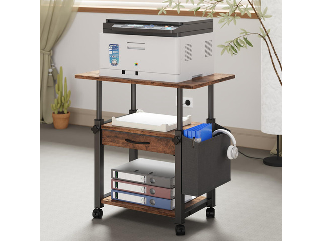 22'x15' Large Printer Stand with Drawer, 3-Tier Rolling Table Cart Storage Drawer and Side Bag,Height Adjustable Cart,Fit printer/fax/3d/scanner,4...
