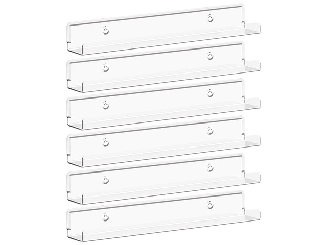 Narrow Acrylic Floating Shelves for Vinyl Record 12', Clear 6 Pack Wall Shelf for Nail Polish, Book, Picture, Makeup, Album Covers Display...