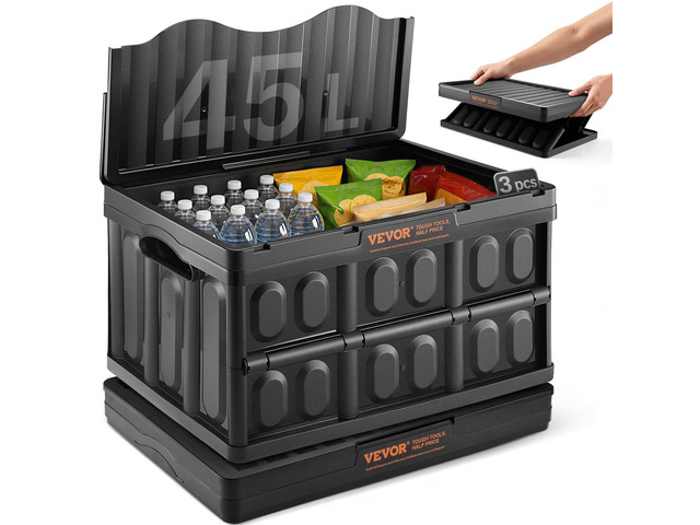 45L Collapsible Storage Bins with Lids 3 Packs, Stackable Utility Crates with Handles, Large Folding Containers for Organizing Tools, Snacks,...