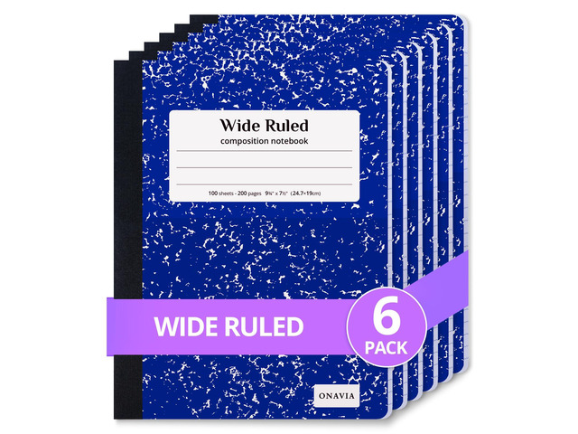 Composition Notebook Wide Ruled 6 Pack, 200 Pages, Marble Blue 100 ct, 9.75 x 7.5 in, Wide Ruled Composition Notebook, Durable Comp Book, School...