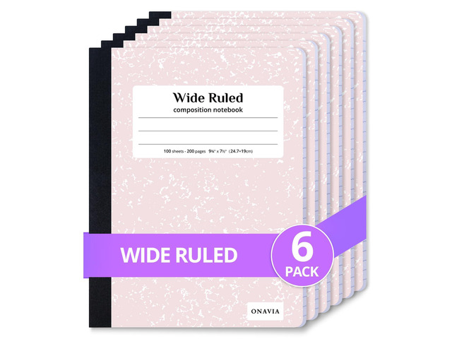 Pink Composition Notebook Wide Ruled 6 Pack, 200 Pages 100 ct, 9.75 x 7.5 in, Wide Ruled Composition Notebook, Durable Comp Book, School Notebooks,...