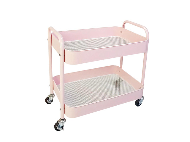 2 Tier Pink Rolling Cart with Wheels for Under Desk Storage, Large Capacity Rolling Pantry & Kitchen Storage Cart for Small Space, Sturdy Metal...
