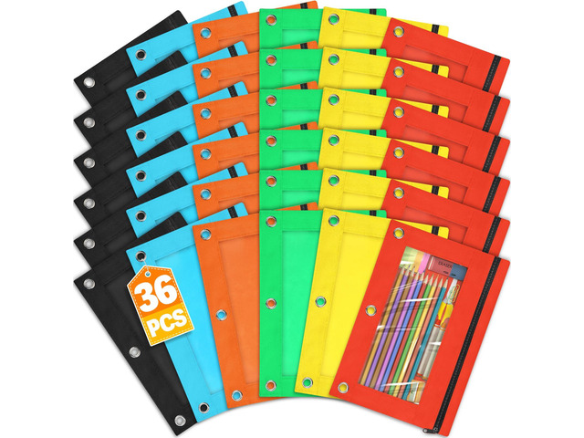 Pencil Pouch for 3 Ring Binder, 36 Packs Zipper Pencil Pouch Bulk 6 Colors Pencil Case for Binder with Clear Window, Pencil Pouches Bulk for School...