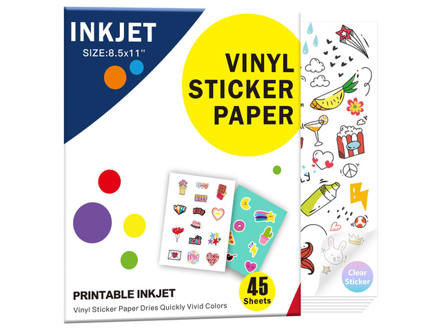 Printable Clear Sticker Paper, 45 Sheets, 8.5x11, for Inkjet Quick-Drying Surface, Vivid Prints, Removable, Tear-Resistant, Clear Labels and Custom...