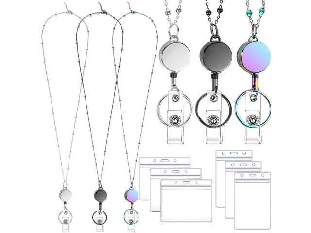 3 Pack Badge Lanyards with Retractable Reel and 6 Id Holders Stainless Steel Beaded Lanyards, 33.5 In Length, 13.5 In Retractable Reel, Waterproof...