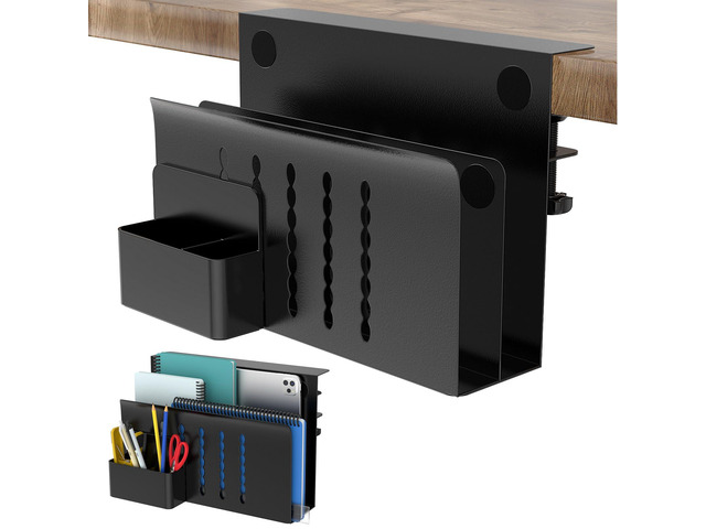 Desk Side Storage, 2 Tier Steel Hanging Desk Organizer with Magnetic Pen Holder, No Drilling Standing Desk Drawer Cable Management Tray, Under Desk...