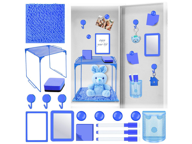 Locker Accessories with Locker Shelf Locker Mirror Magnetic Pen Holder Sticky Note Whiteboard Mat Blue Locker Organizer for Work Mesh Metal Shelf...