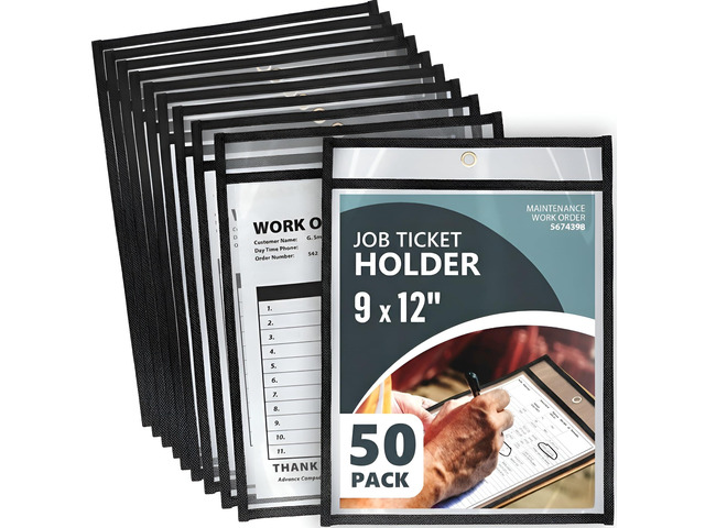 50 Pack Job Ticket Holders 9x12 Heavy Duty - Automotive Work Order Plastic Sleeves - Clear Shop Ticket Holders - Repair Order Sleeves - Plastic...
