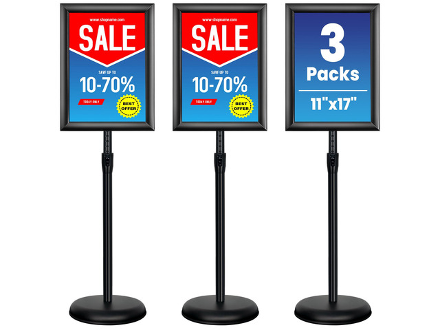 3 Pack 11x17 Inch Sign Holder Stand, Adjustable Pedestal Sign Stand, Heavy Duty Floor Standing Sign Holder, Aluminum Snap Open Frame Poster Stand,...