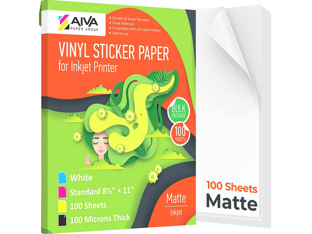 Printable Vinyl Sticker Paper for Inkjet Printer - Matte White - 100 Self-Adhesive Sheets - Waterproof Decal Paper - Standard Letter Size 8.5'x11'