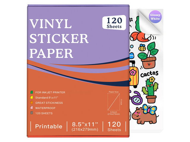 120-Sheet Glossy White Printable Vinyl Sticker Paper, 8.5x11, Inkjet Glossy White Waterproof, Dries Quickly, Vivid Colors, Tear-Resistant Vinyl,...