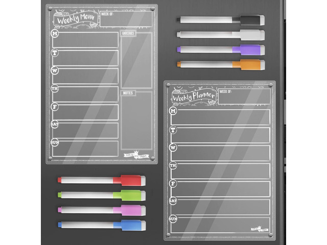 Acrylic Magnetic Planner & Menu Board Set - Clear - 2 Pack Includes Weekly Meal Planner & Menu Board for Fridge - Includes 8 Magnetic Markers -...