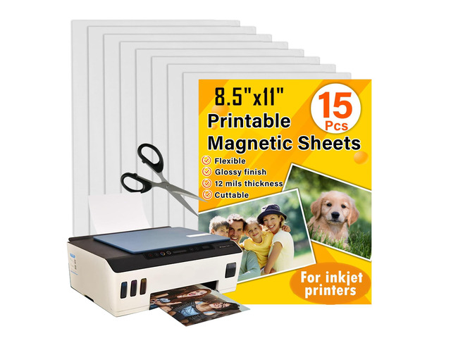 Printable Magnetic Sheets 8.5 x 11, Glossy 15Pcs for Inkjet Printers Print Paper Non-Adhesive Backing, 12 mil, Flexible Magnet Photos for DIY...