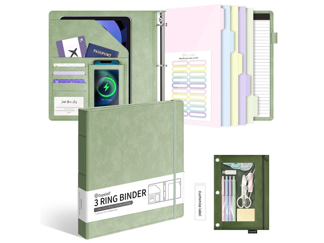Leather 3 Ring Binder for Letter Size Documents with Pocketed Dividers, 1 Inch Round Rings, Holds 175 Sheets, Binders with Storage Bag & Notepad,...