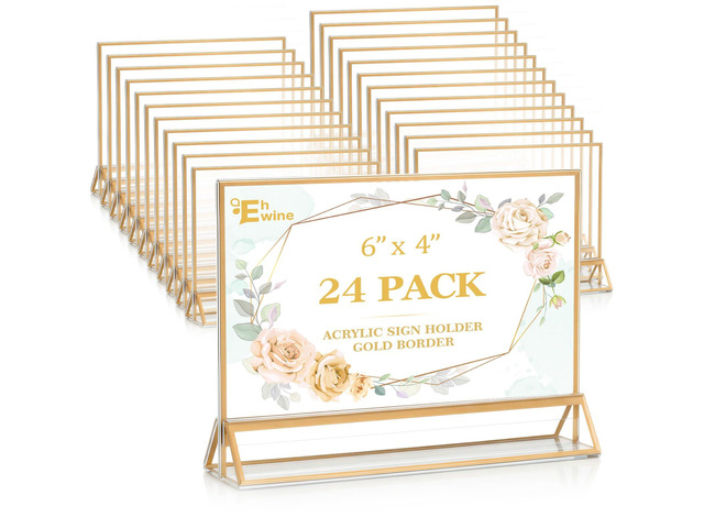 24 Pack Acrylic Sign Holder 4 x 6 Horizontal, Double-Sided Stand up Table Top Sign Holders, Gold Acrylic Picture Frame Menu Flyer Paper Holder...