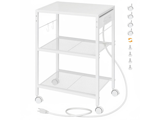 Industrial Printer Stand, 3-Tier Mobile Printer Table, Rolling Cart with Power Outlets and USB Ports, Home Printer Stand with 2 Hooks, for Office,...