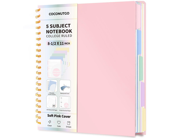 5 Subject Spiral Notebook, College Ruled, 150 Sheets, Pink Plastic Cover, 5 Movable Pastel Tab Dividers with Pockets, 3-Hole Punched, 75gsm Paper,...