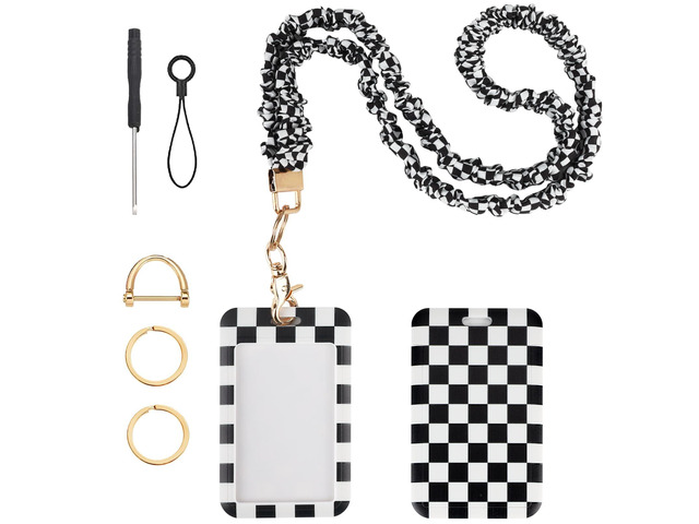 Teacher Lanyard, Scrunchie Lanyard with ID Badge for Women Men Soft Stretchy Lanyards Retractable Lanyards for Id Badges Keys Neck Grid Style