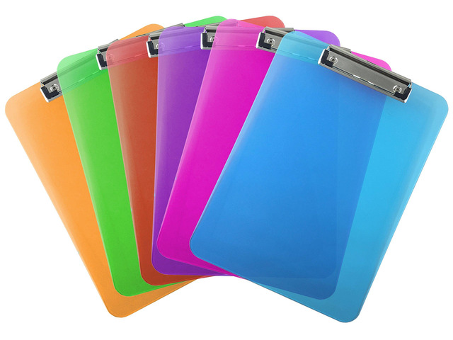 Assorted Clear Clipboards Letter Size Low Profile (6-Pack) Transparent tinted plastic in six colors - Fits 8.5 x 11 letter paper - Bulk 6 pack for...