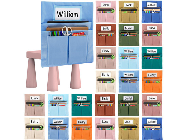 24 Pcs Small Chair Pockets for Classroom 13 x 14 Inch Bag with Name Tag Multi Pockets Chairsback Pouch Organizer for Student Kindergarten...