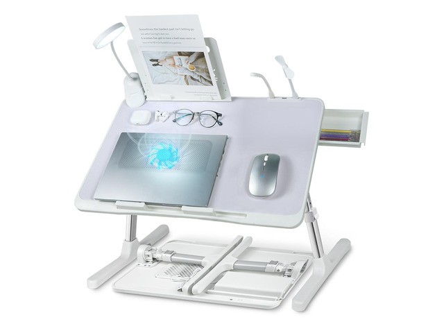 Adjustable Laptop Lap Desk with Cooling Fan USB Light for Adults 60x40cm,Grey