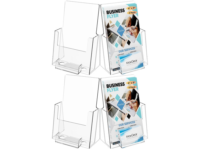 Acrylic Brochure Holder Flyer Display Stand 6 x 9 Inch, 4 Pack Built-in Business Card Holder, Clear Acrylic, Holds Brochures, Flyers, Menus,...