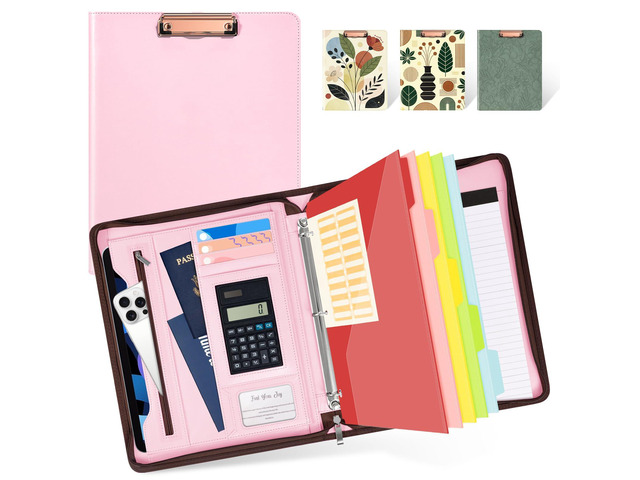 Pink Leather Portfolio Binder 3 Ring, Zippered Clipboard Folder with Storage - 5 Dividers with Pocket, Padfolio for Women,12.1 Tablet Sleeve,...