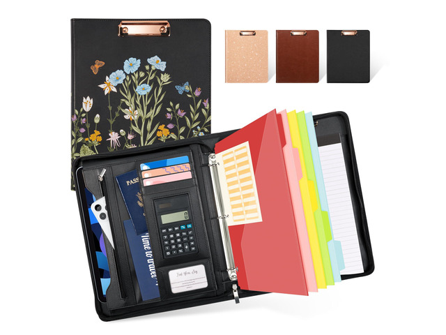 Leather Portfolio Folder with Zipper - 3 Ring Binder with Clipbard - Calculator, 12.1 Tablet Sleeve, 5 Dividers with 10 Pockets, Refillable...