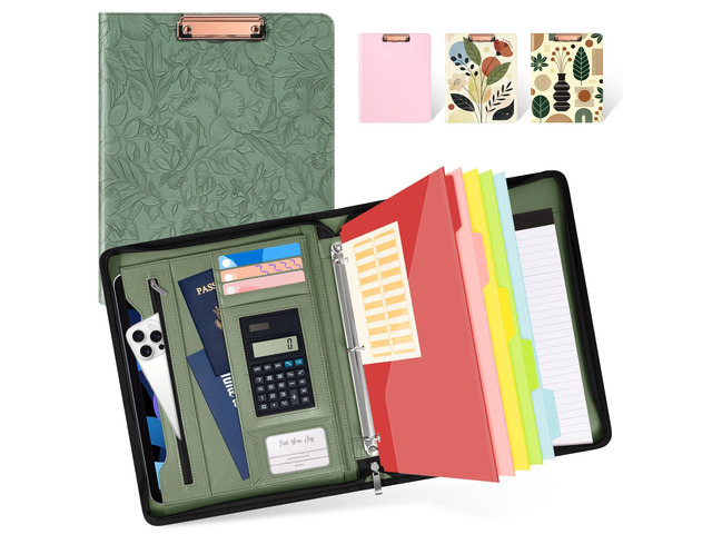 Green Leather Portfolio Binder 3 Ring, Zippered Clipboard Folder with Storage - 5 Dividers with Pocket, Padfolio for Women,12.1 Tablet Sleeve,...