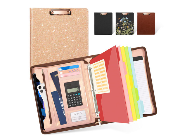 Clipboard with Storage, 3 Ring Binder with Zipper, Leather Padfolio Portfolio Folder, Calculator, 12.1 Tablet Sleeve, 5 Dividers with...
