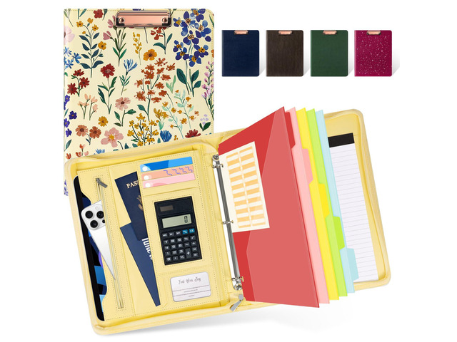 Leather Clipboard Binder with Storage - 3 Ring Zippered Padfolio Portfolio Folder - Calculator, 12.1 Tablet Sleeve, 5 Dividers with Pocket,...