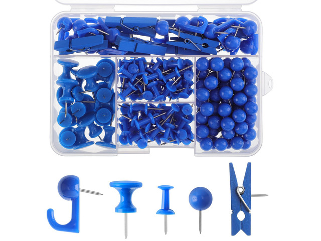 200 Pcs Push Pins for Bulletin Board, Thumb Tacks for Cork Board Blue, Reusable, 5 Style Thumbtacks for Wall Maps Pictures Office Back to School...